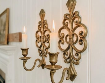 Set of 2 Ornate Brass Wall Sconces