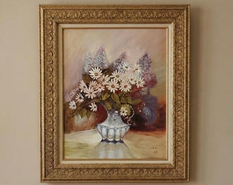 Vintage Floral Still Life Oil Painting - Signed Louis GB, Ornate Gold Frame