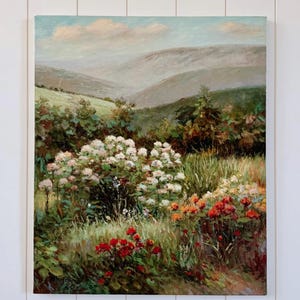 Paisaje floral vintage, óleo sobre lienzo de 20 x 24 pulgadas, firmado por el artista Nicholas