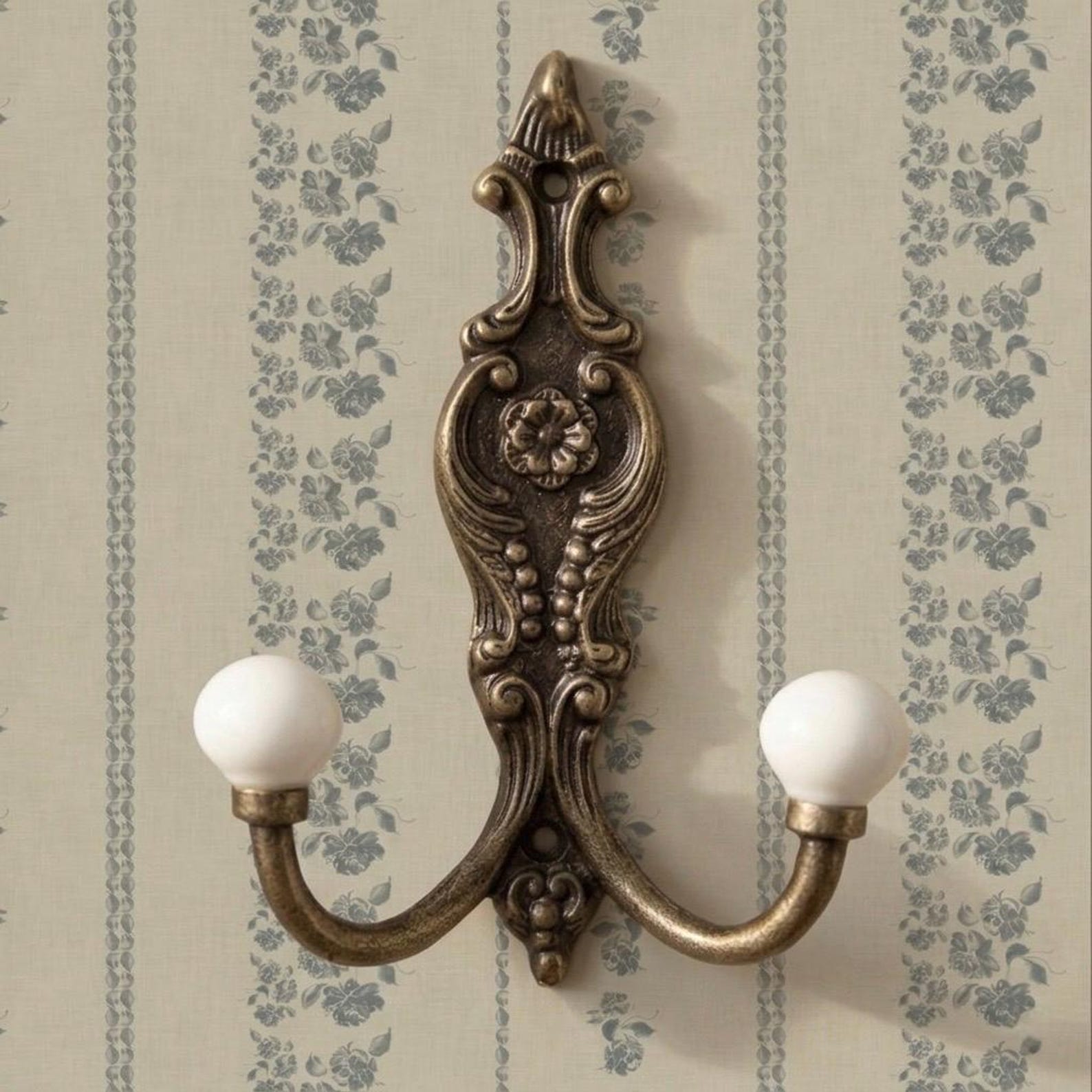 Antique Bronze Cast Iron with White Ceramic Knobs double arm Coat Clothes Hook