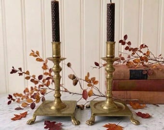 Vintage large Brass Candlesticks, Lion Paw Feet, Hollywood Regency Mantel Decor (10.5 Inch)
