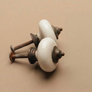 Pair of Country French Antique 1800s farmhouse white Ceramic Drawer knobs