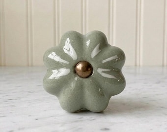 Sage Green Ceramic Flower Knob • Floral Cabinet Drawer Pull, Dresser Hardware, English Cottage