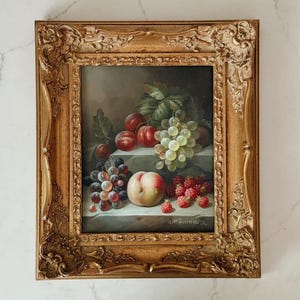 Vintage Framed moody fruit still life, oil on canvas, signed, ornate gold wood frame