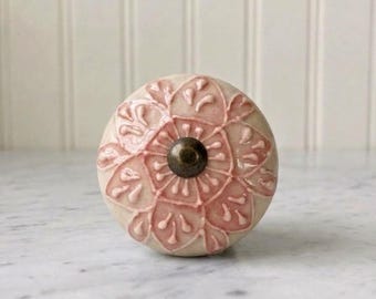 Pink Ceramic round flower Drawer knob