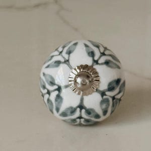 Blue and white Ceramic leaf Drawer knob with silver accents