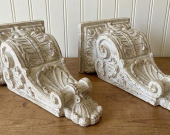 Pair of Extra large distressed Renaissance Leaf Acanthus Design Plaster Corbels