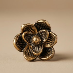 May include: A decorative, antique-style cabinet knob in the shape of a flower. The knob is made of brass and has a detailed, textured design. The flower has six petals and a central bud, with a dark finish.