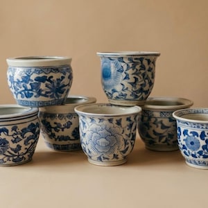 Mini macetas de porcelana estilo chinoiserie azul y blanco con forma de pecera vintage – Macetas chinas pintadas a mano