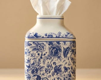 Caja de pañuelos de cerámica con tapa y diseño floral azul y blanco