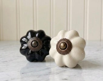 Black or cream crazed chunky ceramic Drawer knob with antique back plate