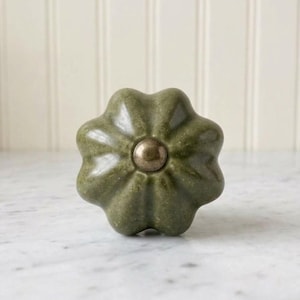 Olive Green Ceramic Flower Knob • Floral Cabinet Drawer Pull, Dresser Hardware, English Cottage