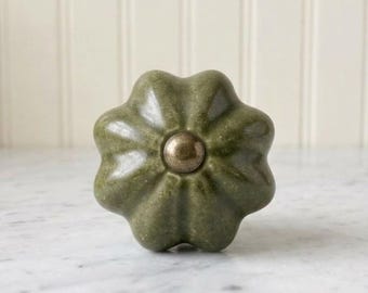 Olive Green Ceramic Flower Knob • Floral Cabinet Drawer Pull, Dresser Hardware, English Cottage