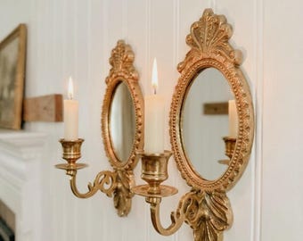 Vintage Pair of Ornate Solid Brass mirrored Wall hanging taper Candle Sconces