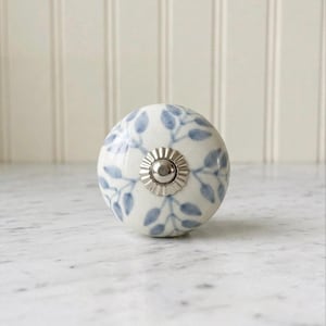 Blue and white Ceramic leaf Drawer knob with silver accents