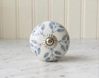 Blue and white Ceramic leaf Drawer knob with silver accents