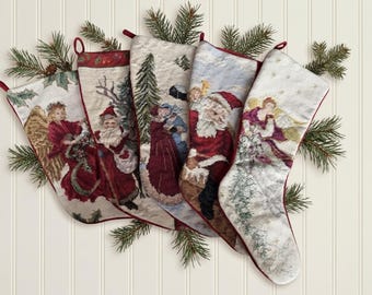 Vintage Hand-Stitched Needlepoint Christmas Stocking, Velvet Back Tapestry