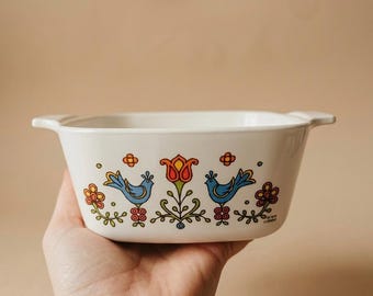 Vintage CorningWare Country Festival Kasserolle • 1970er Jahre Blue Bird Volkskunst Backgeschirr