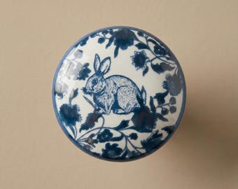 Blue and white Ceramic bunny Drawer knob