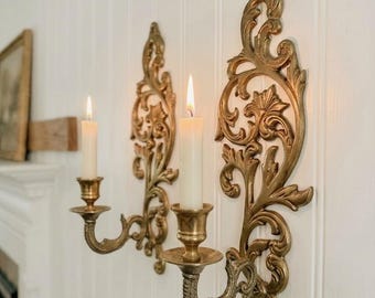 Set of 2 Ornate Brass Wall Sconces