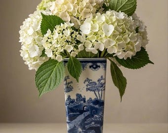 Large Vintage Blue and white Asian scenery Bombay square vase