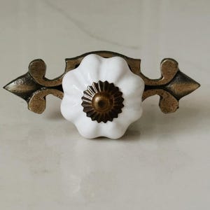 White knob with antique brass back plate Ceramic Drawer knob