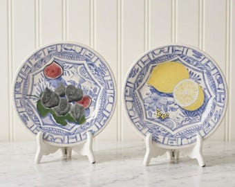 Set of 2 Authentic Oiseau Bleu Dessert Plates – French Faience, Hand-Painted Fruit (8.5" Diameter)