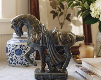 Vintage Ceramic Horse Sculpture: Blue Midcentury Tang Dynasty-Inspired Kakiemon Style