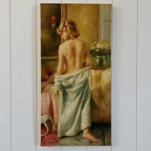 Portrait of a woman undressing, 12x24 oil on canvas, unframed, signed by the artist