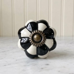 Black and white checkerboard Ceramic Flower Knob • Floral Cabinet Drawer Pull, Dresser Hardware