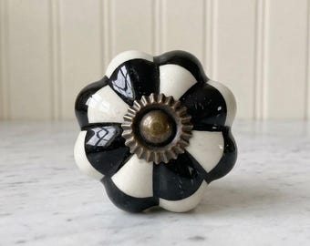 Black and white checkerboard Ceramic Flower Knob • Floral Cabinet Drawer Pull, Dresser Hardware