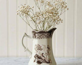 Antique Style Brown Transferware Pitcher: Farmhouse Jug Vase