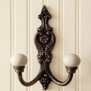 Antique Bronze Cast Iron with White Ceramic Knobs double arm Coat Clothes Hook