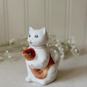 Vintage Cat with Fish Figurine, Ceramic Cat Pitcher, Cat Teapot