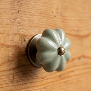 Peut inclure: Bouton de meuble en céramique vert clair avec un design floral et un centre en laiton. Le bouton est monté sur une surface en bois avec un grain visible.