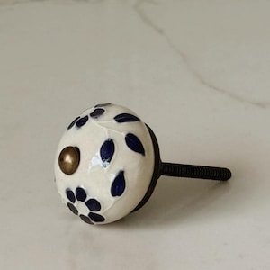 Ivory and blue painted Ceramic round flower Drawer knob
