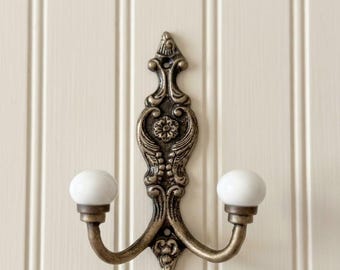 Antique Bronze Cast Iron with White Ceramic Knobs double arm Coat Clothes Hook