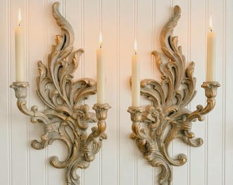 Vintage Syroco Wood Wall Sconces | large 24” ornate scroll candle holders