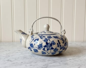 Vintage Blue and White Ceramic Teapot, Hand-Painted Butterfly Floral Kettle (8 Inch)