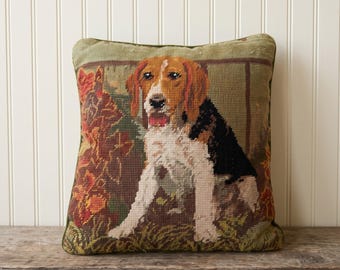 Vintage Needlepoint Pillow: Tri-Color Beagle Hound Dog, 14x14 Wool Embroidery