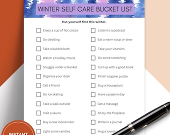 Lista de desejos de autocuidado para o inverno (imprimível), checklist de bem-estar para o inverno.