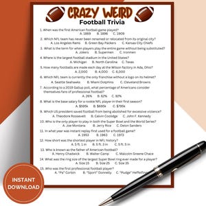 May include: A printable trivia game with 15 questions about American football. The questions cover topics such as the history of the sport, the size of football stadiums, and the salaries of NFL players. The game is designed to be fun and challenging for football fans of all ages.
