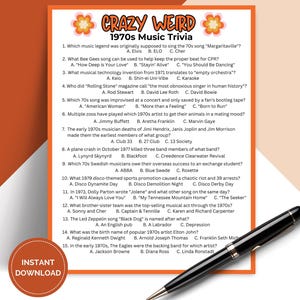 Printable Crazy Weird 1970s Music Trivia Game, 70s Theme Pub Trivia, Icebreaker Games for Seniors, Decades Trivia TRIV02