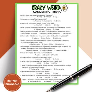 Printable Crazy Weird Gardening Trivia Game, Pub Trivia, Nature and Plant Quiz, Icebreaker Activities for Your Garden Party TRIV02