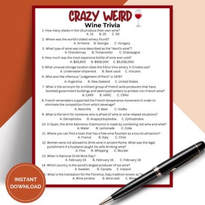 Printable Crazy Weird Wine Trivia Game, Pub Trivia, Wine Night Icebreaker Games TRIV02