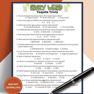 Printable Crazy Weird Tequila Trivia Game, Pub Trivia, Icebreaker Games for Quiz Night TRIV02