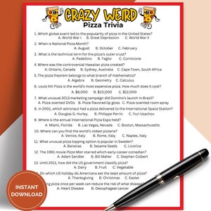 Printable Crazy Weird Pizza Trivia Game, Fast Food Pub Trivia, Icebreaker Games for Pizza Party TRIV02
