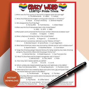 May include: A colorful LGBTQ+ Pride Trivia game with questions and answers. The game features a rainbow heart design and the words "CRAZY WEIRD" at the top. A black pen rests on the bottom right corner, and an "INSTANT DOWNLOAD" button is in the bottom left.