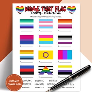 May include: A printable LGBTQ+ Pride Trivia game with 12 flags and 12 corresponding community member labels. The flags are arranged in a grid with a blank line for writing in the answers. The game is titled "Name That Flag".
