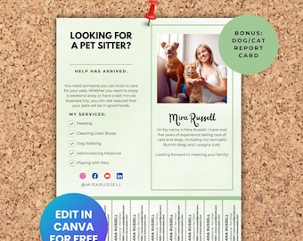 Editable Pet Sitting Tear Off Flyer, Dog Sitting, Pet Business, Dog Sitter Template with Bonus Dog Report Card
